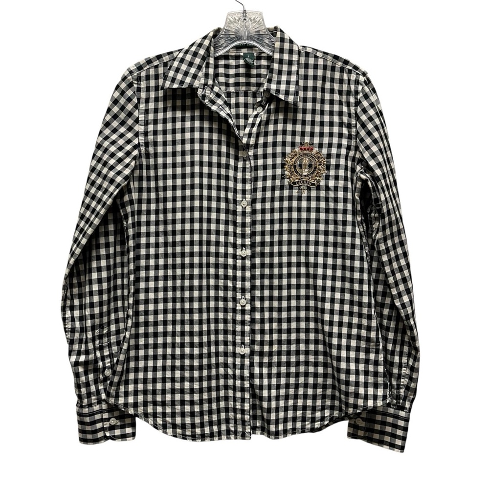 Lauren Ralph Lauren Gingham Plaid Check Shirt Button Up Black White Gold Crest S